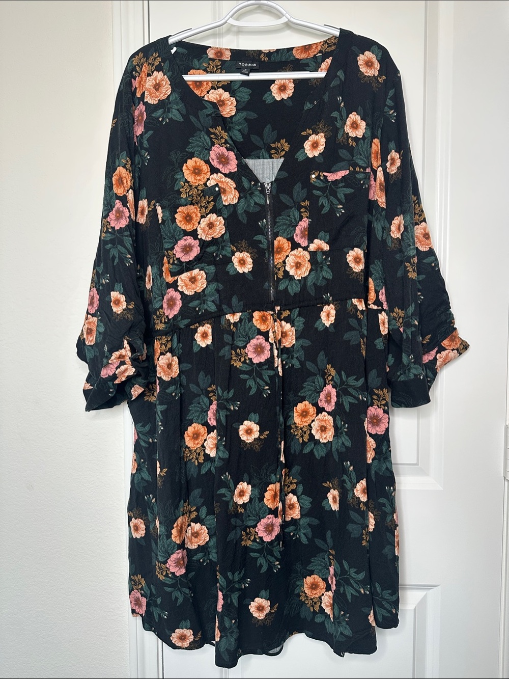 Torrid Black Floral V-Neck Zip Midi Dress with Peach and Pink Blooms